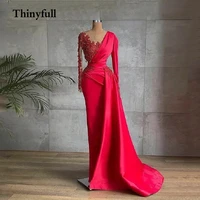 romantic red satin mermaid prom dresses v neck vintage long sleeves evening gown pleats bead lace formal party gown saudi arabia
