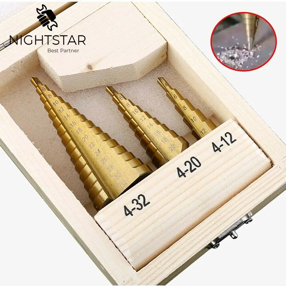 3Pcs HSS4241 Cone Titanium Coated Step Drill Bit Set Tools 4-32mm 4-20mm 4-12mm Hole Cutter With Wood Case