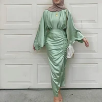 muslim women hijab islamic satin dress green arabic eid abaya dubai waist drawstring summer soft islam turkish african dresses