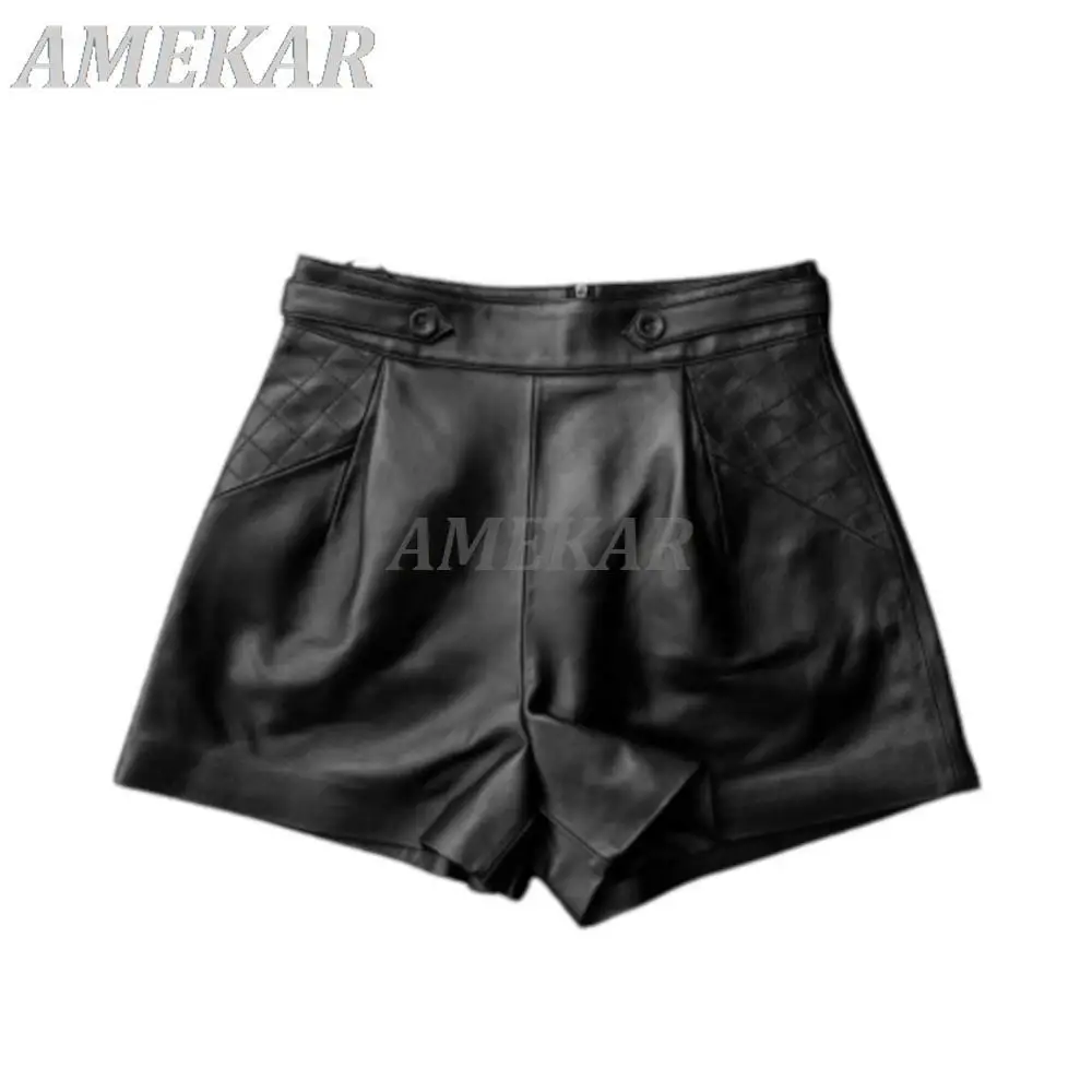 New Designer Genuine Leather Wide Leg Shorts For Women Blue Personality Side Plaid Embroidery Short Pant Lady Pantalones Cortos