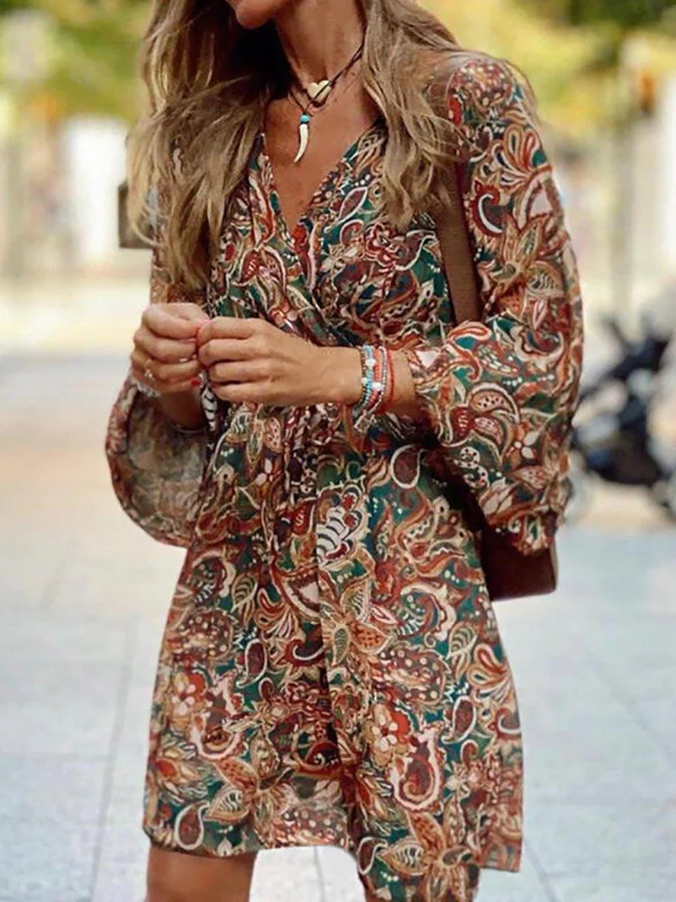 

Women Sexy V Neck Mini Dress 2022 Spring Summer Elegant Printed Ladies Slim Party Dress Vintage Full Sleeve Femme Dresses S-3XL