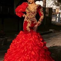 Red Elegant Prom Dresses Golden Lace Appliques Mermaid Pleated Long Sleeves Evening Gown For Women Custom Made Robes De Soirée