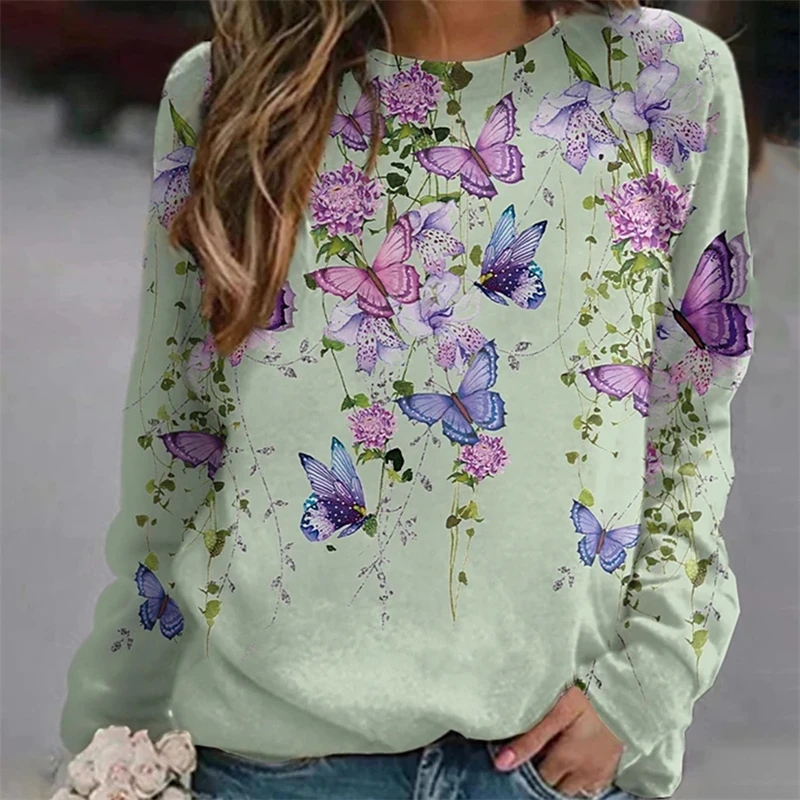 

Women Sweatshirt Winter Round Neck Floral Butterfly Print Lady Tops Casual Long Sleeve Loose Outdoor Sweatshirts Woman Clothing
