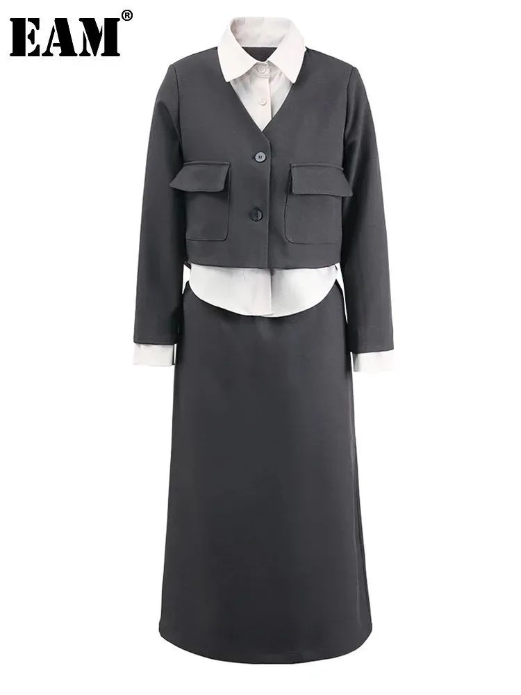 [EAM] Серая куртка с цветными блоками юбка до половины тела костюм из двух