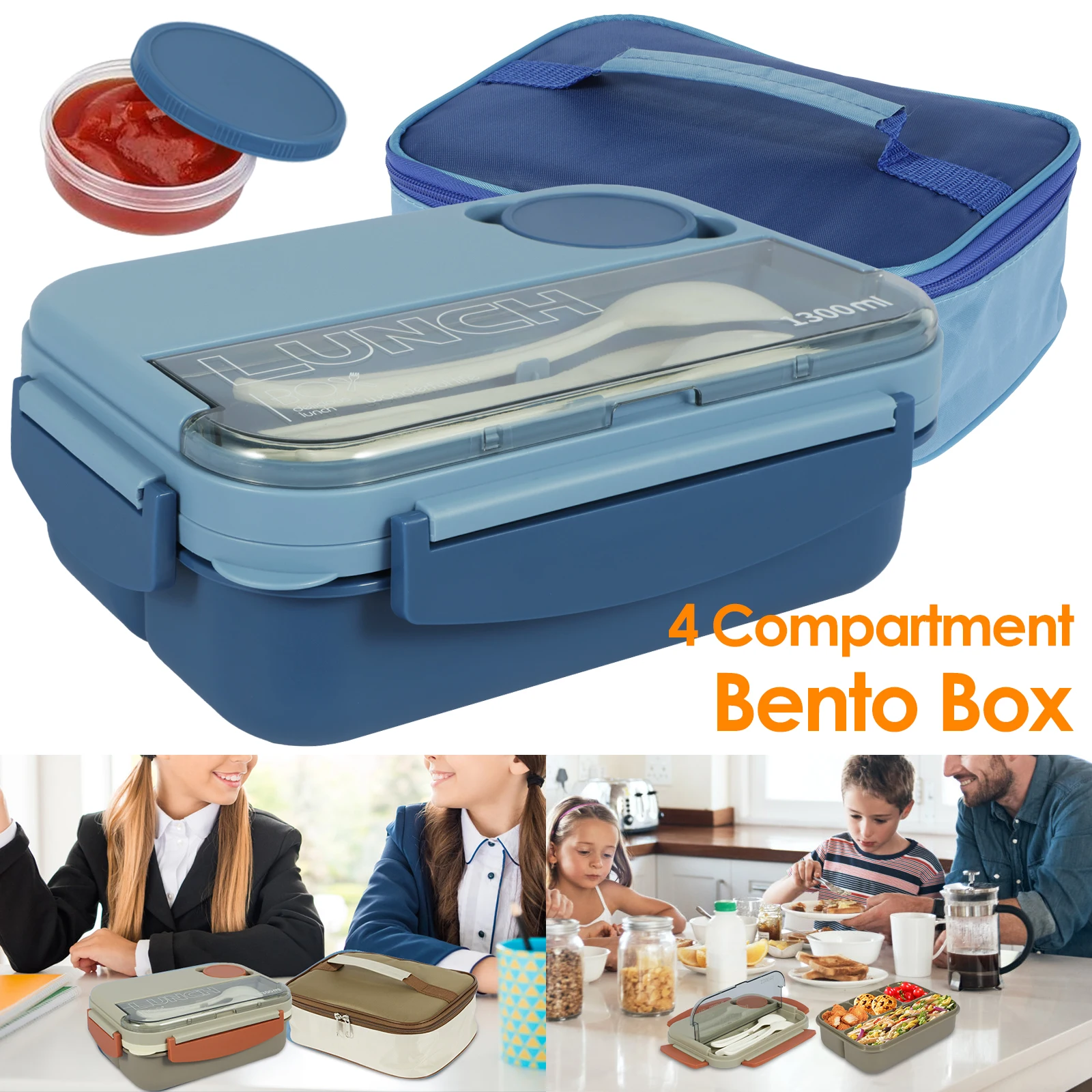 

Lunch Box with 4 Compartment Sauce Cup 1300ml Leakproof Bento Lunch Box Microwave Safe Bento Box Container Dishwasher Safe