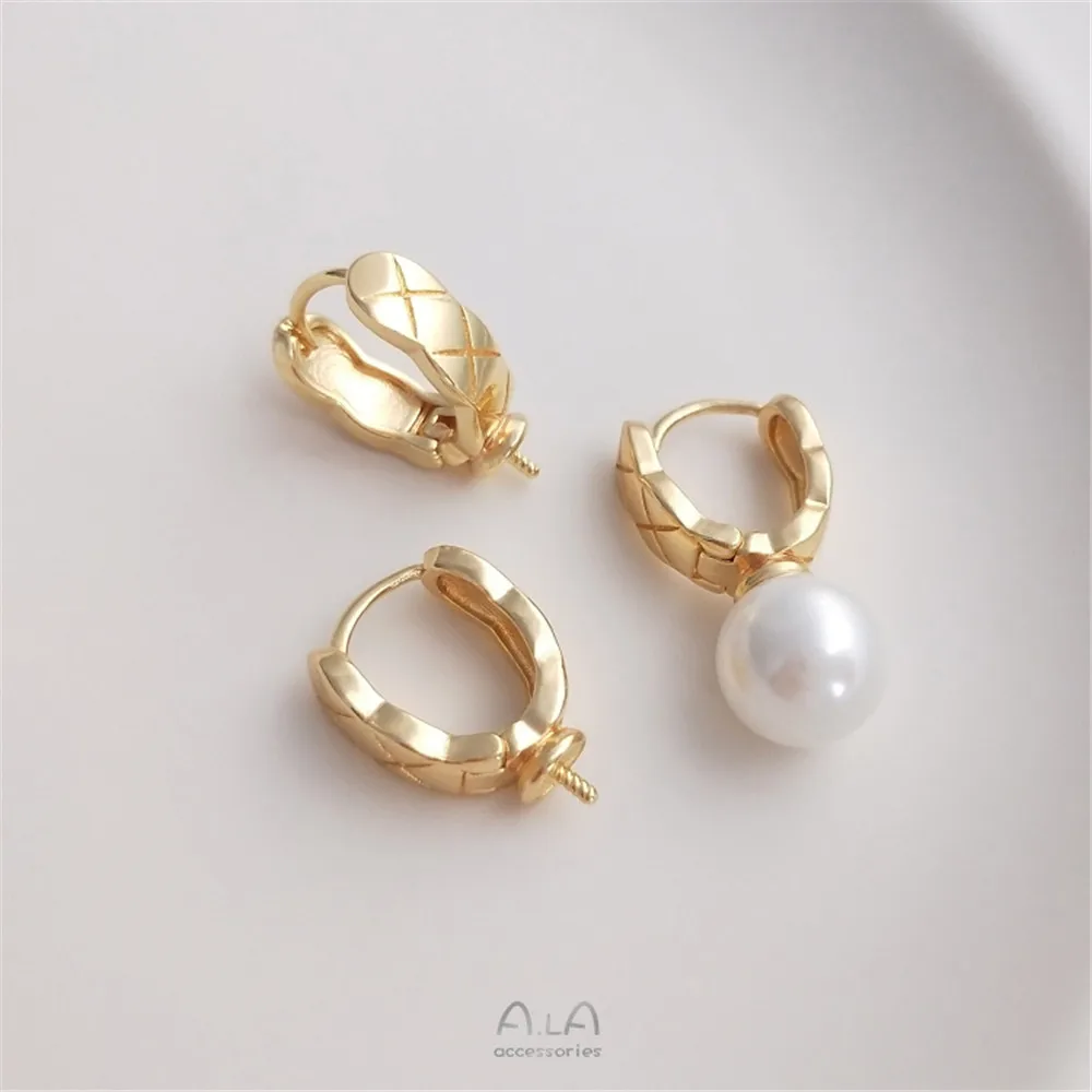 

14K gold lattice pattern small fragrant wind half hole pearl bracket earrings fashion temperament earrings handmade diy earrings