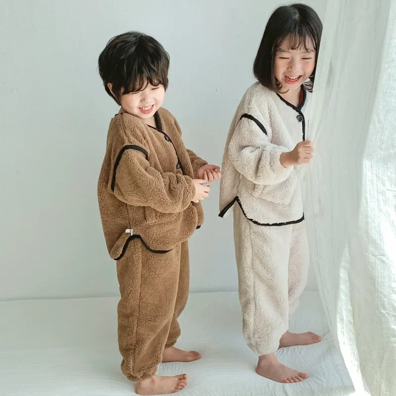 

Outerwear Coral Fleece Pajama Sets for Baby Boys Girls Winter Plus Velvet Thick Flannel Homewear Children Warm Sleepwear Suit