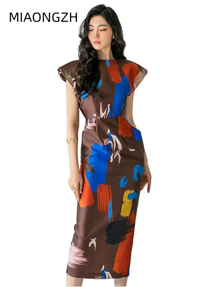 

Women's Elegant Loose Dresses Fashion New Summer Long Office Vestidos Short Sleeve Vintage Print Slim Fit Party O-Neck Clothing