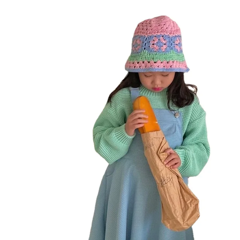 

2023 New Hand-woven Wool Flower Children's Sweet and Lovely Sunshade Sunscreen Fisherman Hat