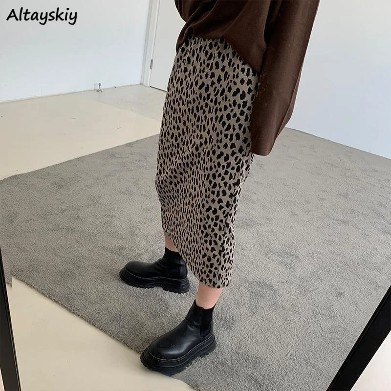 

Leopard Skirts Women Midi Korean Style Y2k Charm All-match Elastic Waist A-line Autumn Harajuku Faldas Femme Stylish Back-slit