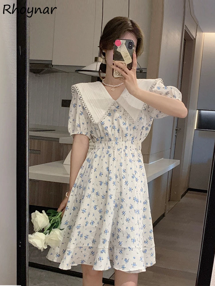 

Sweet Dress Women Peter Pan Collar Tender Retro Floral Fashion High Waist Folds A-line Elegant Cozy French Style Leisure Chic