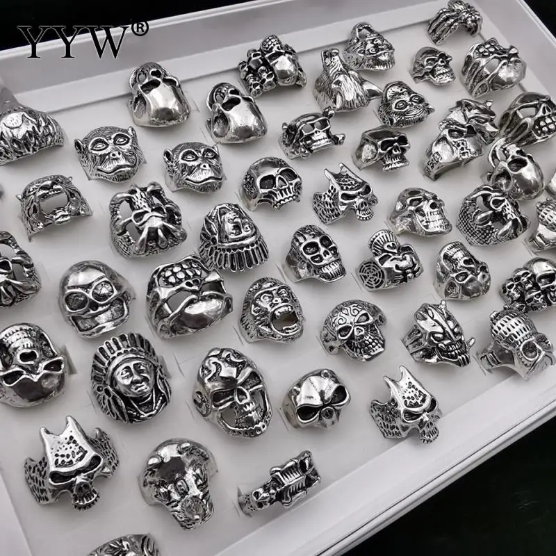 100pcs Bulk Wholesale Zinc Alloy Ring Lots Skull Rings For Female Lady Man Skeleton Vintage Gothic Jewelry Biker Punk Ring Party
