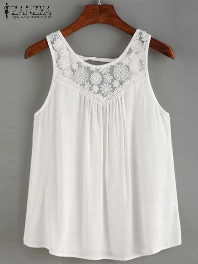Женские летние майки ZANZEA корейские без рукавов с кружевом и шитьем модная