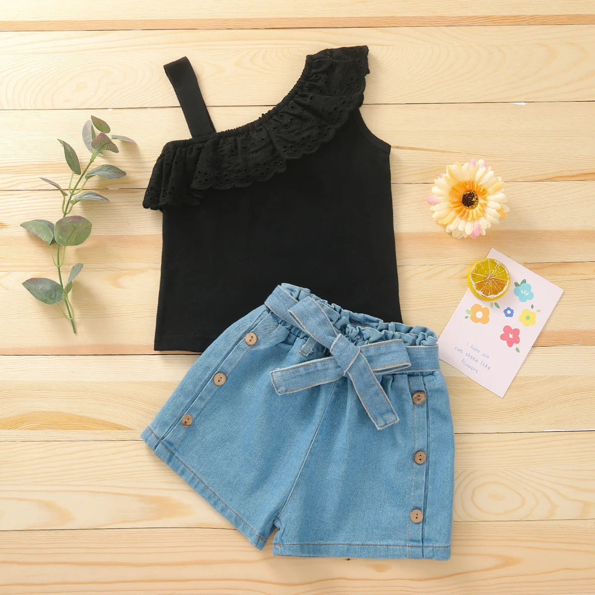 

Girls summer suit new solid color single shoulder strap sleeveless lace top denim shorts two-piece set