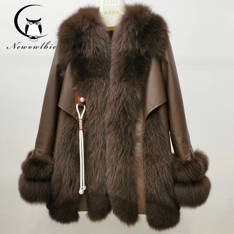 High-end luxury fox fur coat Women's style new down liner jacket leather fashion jacket V-neck windproof warm street jacket