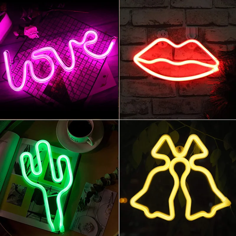 

LED Neon Light LOVE Bell Cactus Lips Holiday Wall Decor Home Bedroom Office Light Decoration Girls Valentine's Gift Novelty Lamp