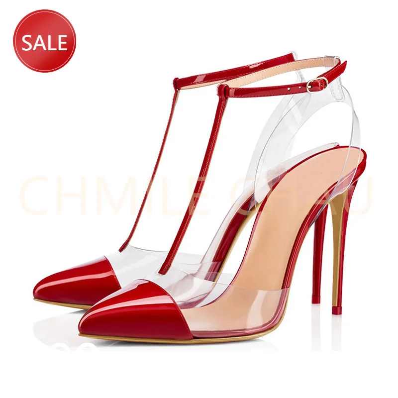

CHMILECHAU Women T Strap Sandals Sexy Transparent Strap High Heels Pumps Women Summer Party Dress Lady Shoe Big Size 114-CHC-26