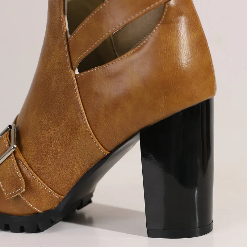 Women Boots Ankle PU Block Heels Shoes Spring Autumn Strappy Sweet Crossdresser Sissy Men Boots Size 34-50