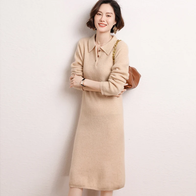 2022 Autumn Winter Women's Dresses Long Sweater 100% Pure Cashmere Knitted Pullover New Female Soft High Quality Warm Dress