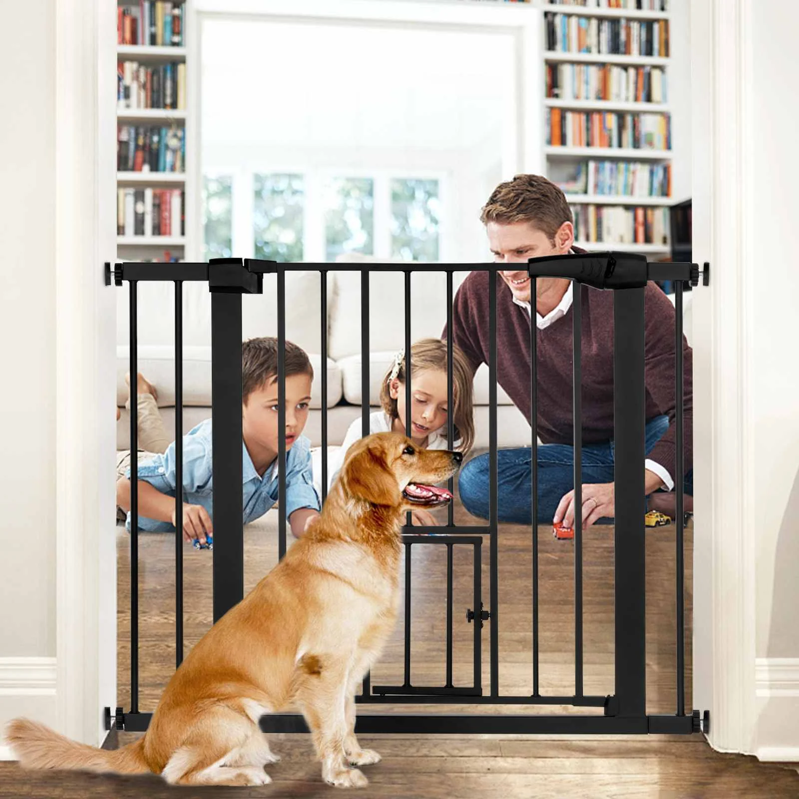 Dog Gate Extra Wide Tall Durable Pet Gate Easy Walk Thru Dog Fence Gate with Pet Door for Stairs Doorways House Fits 29.5-40.5in