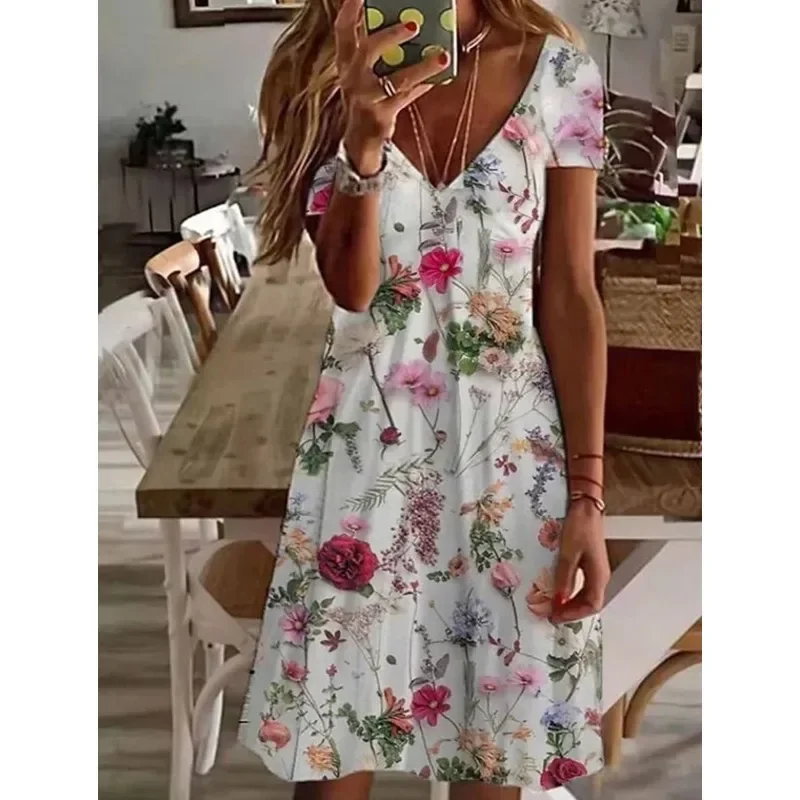 

2023 New Women’s Dresses 3d Flowers Printing Women Shorty-Sleeved Tops Summer Fashion Loose A-Line Elegant Casual Beach Dresses