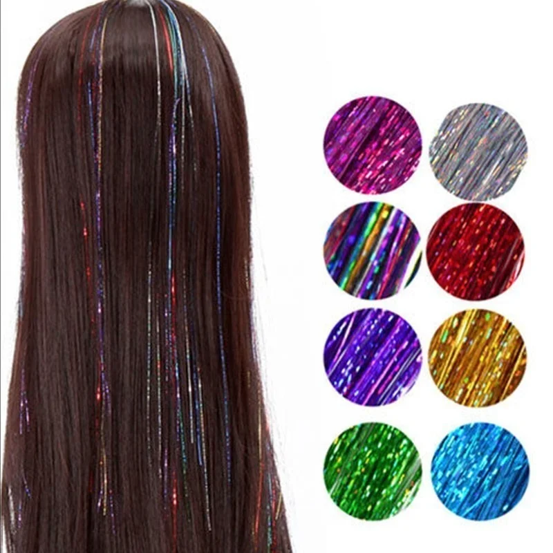 

120 Strands/bag Sparkle Shiny Hair Tinsel Rainbow Silk Hair Extensions Dazzles Women Hippie for Braiding Headdress Long 100cm