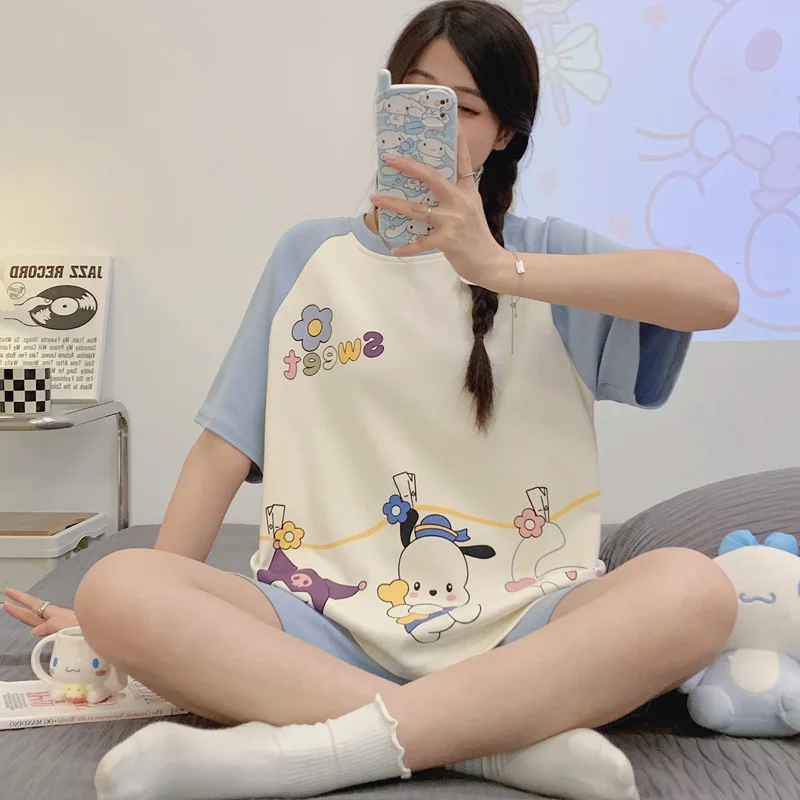 

Пижама с героями мультфильмов Sanrioed Kuromi My Melody, милая Свободная Домашняя одежда с короткими рукавами и сердечками для девочек, подарок на праздник