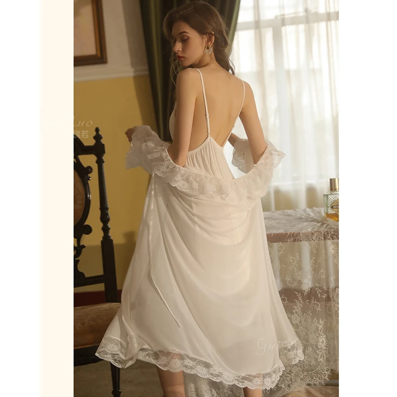 Bathrobe Set Women's Summer Thin Sexy Backless Ladies Robe Set Nightwear French Style Dressing Gown And Nightdress For Female
