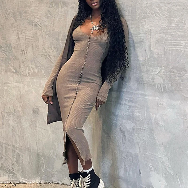 

Autumn Spring Knitted Dresses Casual Party Solid Ruffles Long Sleeve Lapel Neck Women Bodycpn Dress Split Hem Sexy Clubwear
