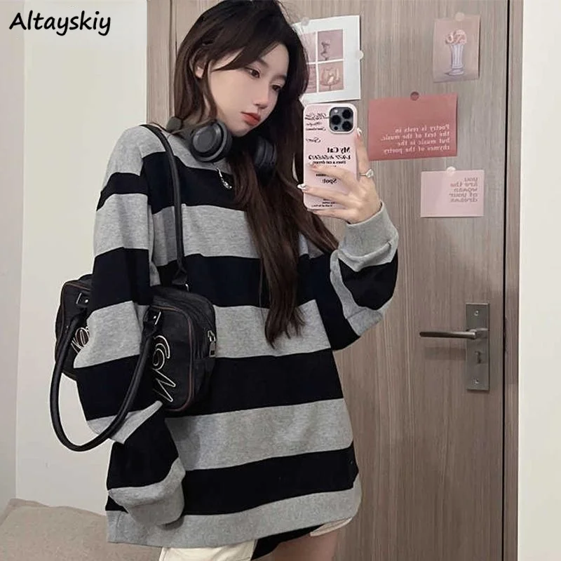 

Striped Sweatshirts Women Basic Long Sleeve O-neck All-match Streetwear Korean Style Sudaderas Spring Daily Loose Fashion Casual