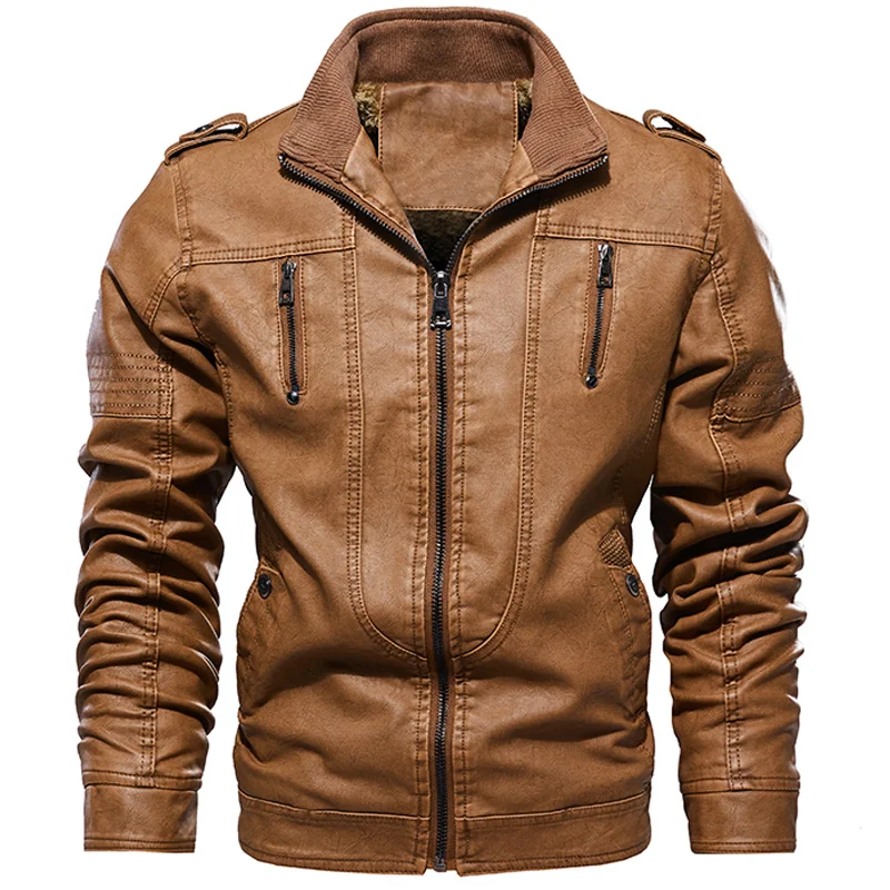 

New Brand Thick Fleece Leather Jackets Men Winter Casual Stand Collar Soft Washed Faux Leather Coat Mens Motorcycle Biker Jacket