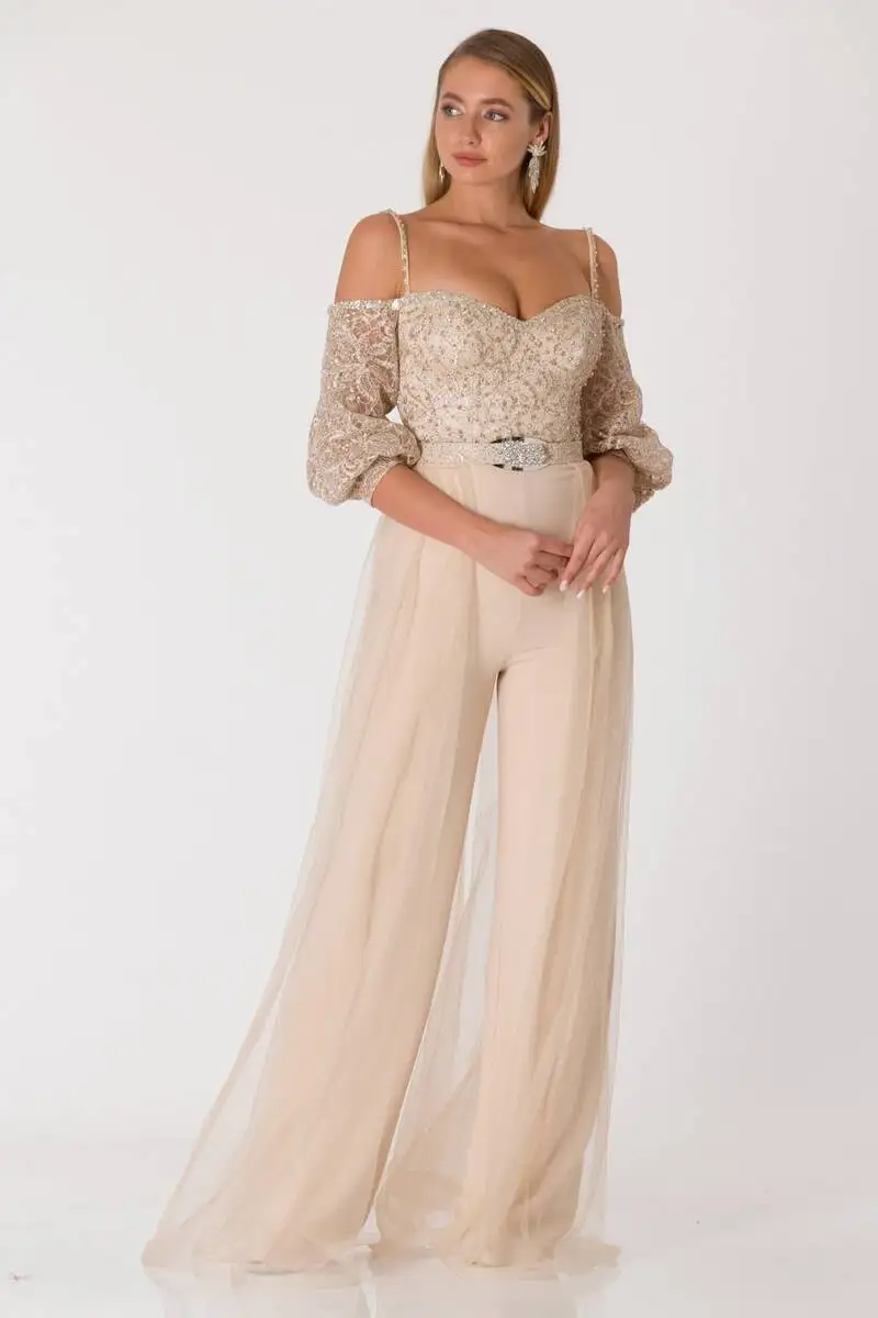 

Luminous Gauze Evening Dress Jumpsuit Beige
