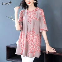 oversize summer fashion new o neck loose straight half sleeve casual shirts floral print comfortable x long womens clothing