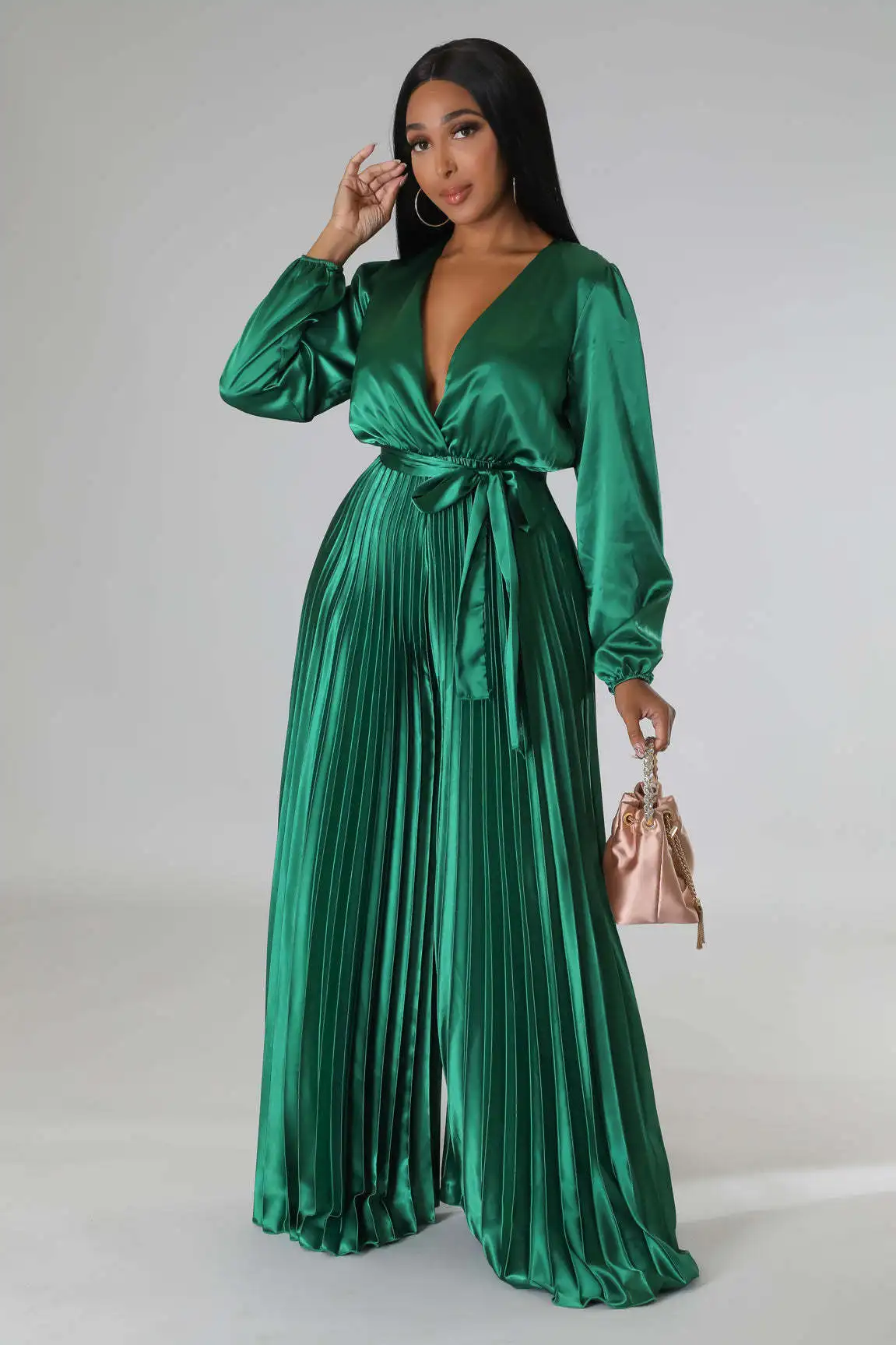 

Women Vintage Satin Sashes High Waist Wrap V-neck Long Sleeve Pleated Loose Straight Jumpsuit Female Sexy Party Romper