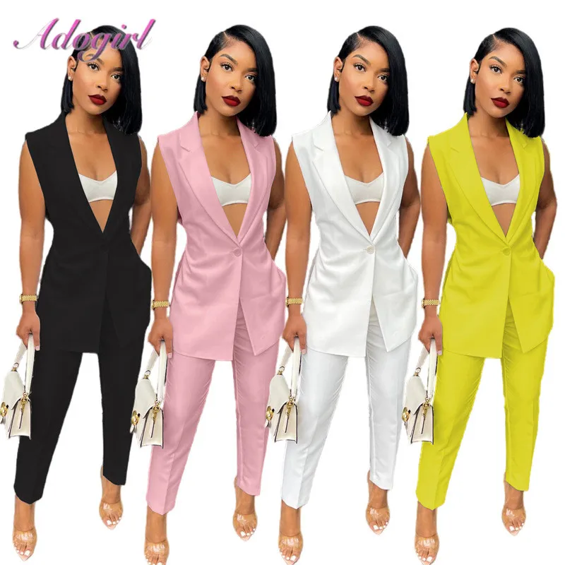 Casual Blazer Two Piece Sets Women Outfit OL Office Lady Business Suit Solid Sleeveless Buttom Up Blazers Jacket Long Pants Suit