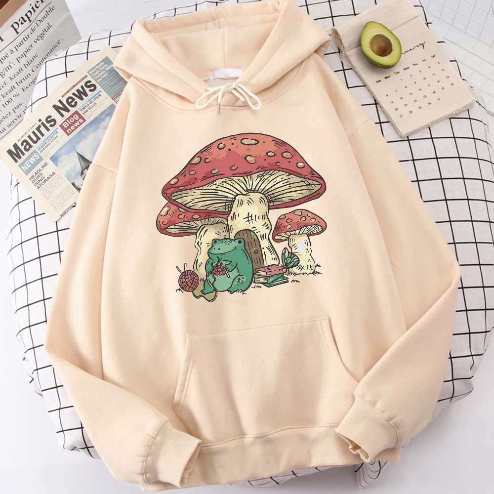 

Cute Featuring A Mushroom House And A Frog Hoody Women'S Street Sweatshirt Autumn Loose Hooded Simple Fleece Woman Tracksuit
