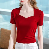 white short sleeved t shirt womens summer fashion clothing solid color stretch cotton tshirt french sexy square neck y2k top