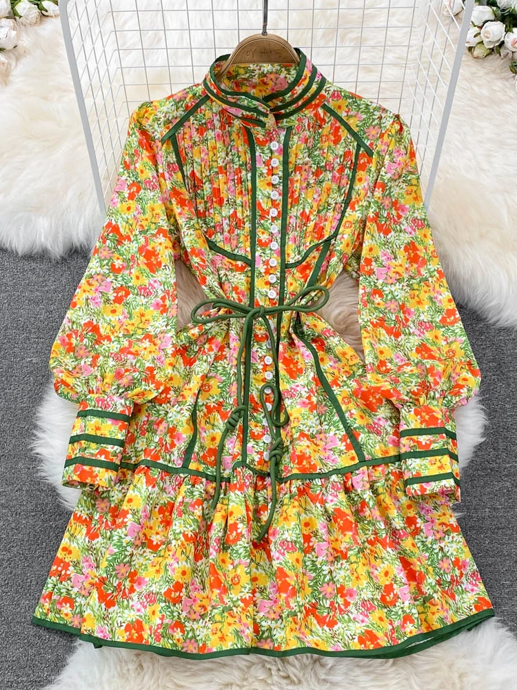 

Женское винтажное платье с воротником-стойкой, однобортное свободное приталенное платье с длинным рукавом и цветочным принтом, платье для вечеринок, весна-осень