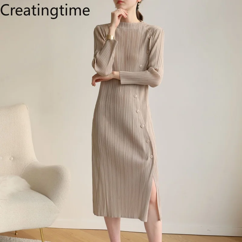 

Женское однотонное плиссированное платье с круглым вырезом и длинным рукавом