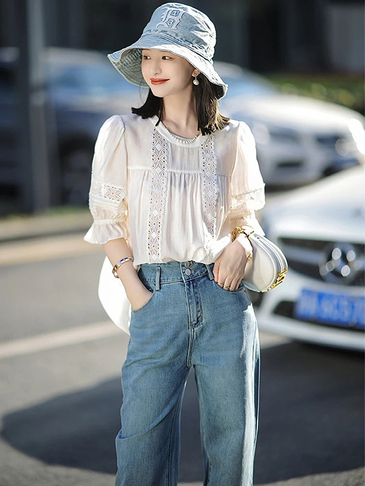 

BOBOKATEER White T Shirt Women Clothing 2023 Lace Patchwork Loose Tee Shirt Femme Camiseta Mujer Short Puff Sleeve Summer Tshirt