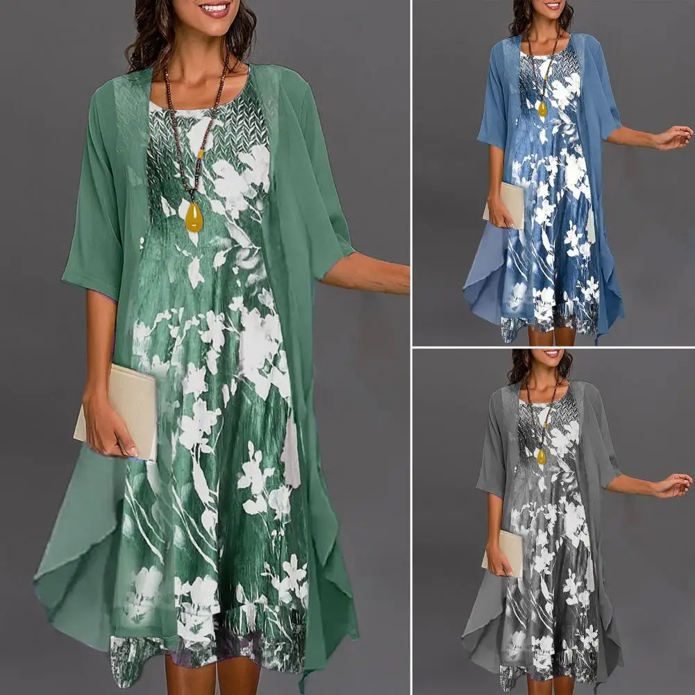 

Elegant Stylish Flower Pattern Large Dress Suit Temperament Cardigan Dress Set Round Neck for Office