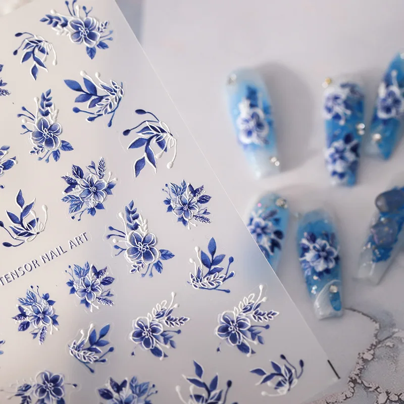 

Blue Gouache Flowers Design 5D Soft Embossed Reliefs Self Adhesive Nail Art Decoration Stickers 3D Manicure Decals Wholesale
