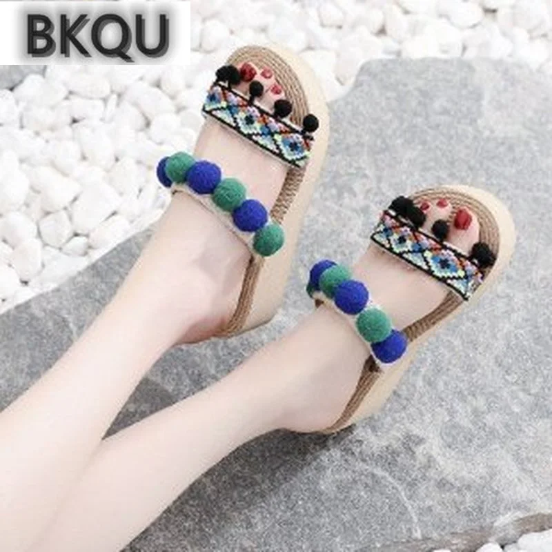 

Ethnic Style Women's Slippers 2022 Summer Non Slip Slip on Wedges Beach Slides Open Toe Thick Bottom Sandals Women
