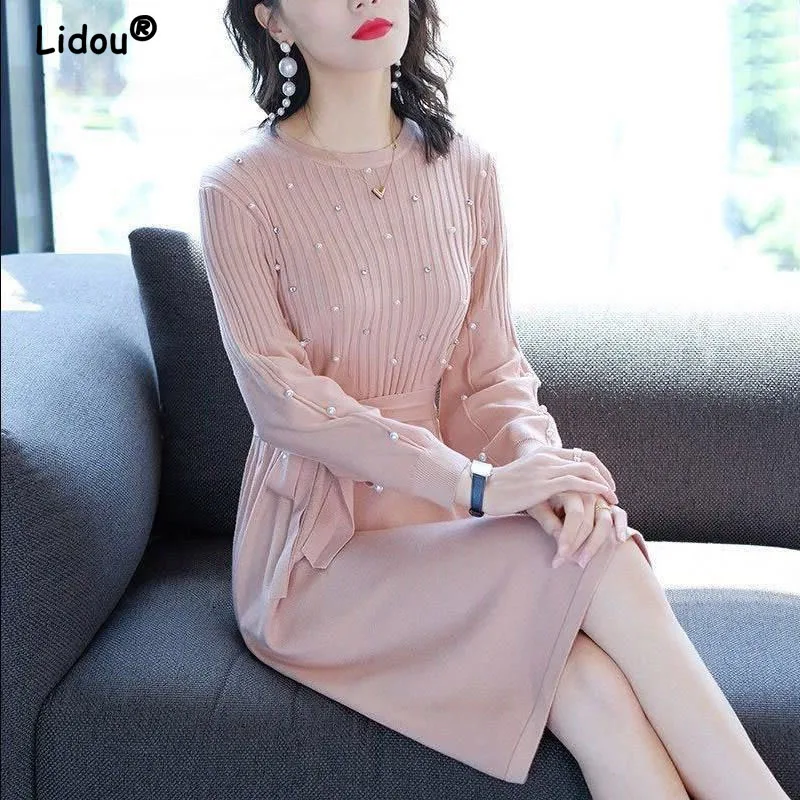 

Elegant Fashion Round Neck Knitted Diamonds Embroidered Flares Chic Midi Dress 2022 Temperament Solid Color Women's Clothing