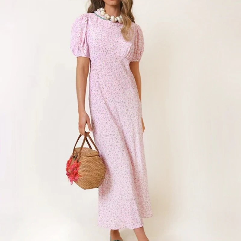 

Floral print Women Dress Bubble Sleeve Sweet Temperament Fairy Fungus Edge Ruffle Collar Female Long Dress