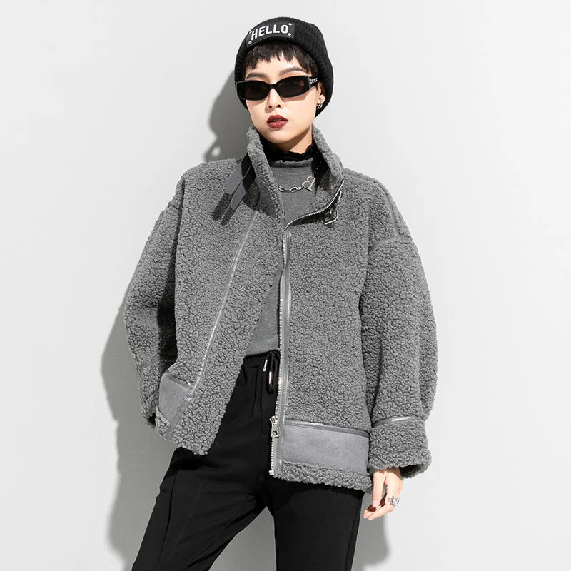 

Real shot 99147 gray winter new thickened fur one-piece lamb wool coat loose and thin warm coat