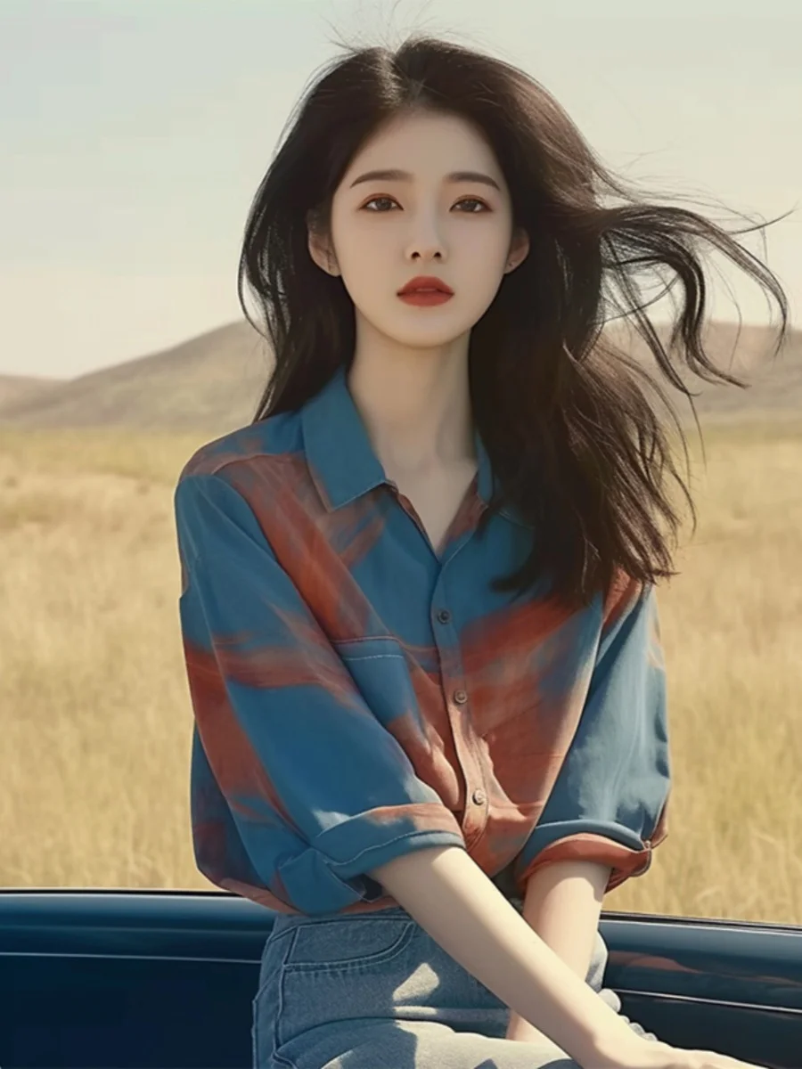 Outlets Discount Store Brand Withdraw from Cupboard French sle Younger Shirt Design Sense Blue Tie-dye Polo Collar Shirts S...