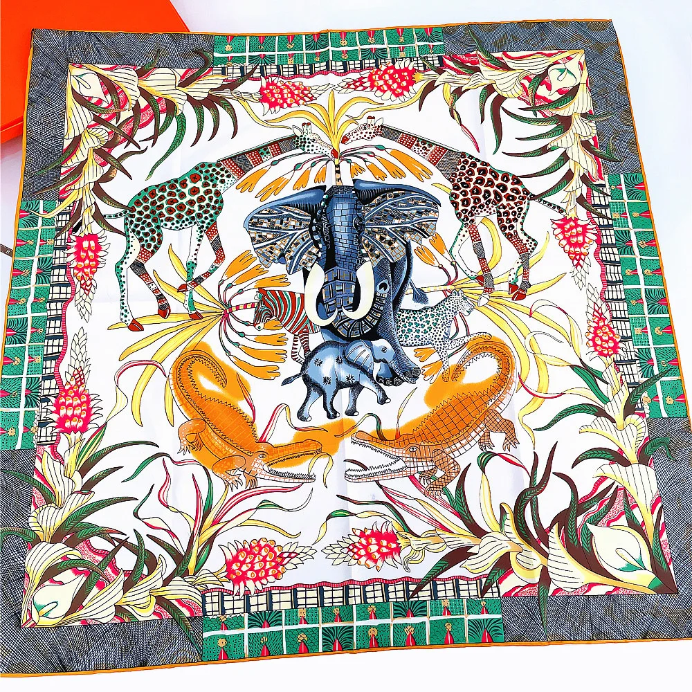 

90cm Foulard Twill Silk Square Scarf Elephant Giraffe Printed Women Shawl Hijab Bandana Handmade Curled Head Scarves For Ladies