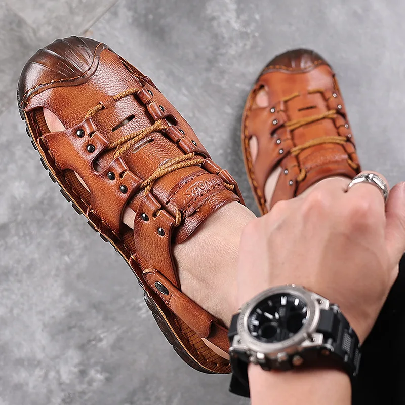 SALUDAS Men's Slippers Summer Beach Sandals Cowhide Genuine Leather Handmade Luxury Casual Sandals Non Slip Men's Shoes