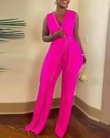 metal decor sleeveless v neck jumpsuit sleeveless wide leg jumpsuit women casual solid jumpsuit sexy v neck top jumpsuits ladies